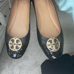 Tory Burch Black Flats with Gold Logo